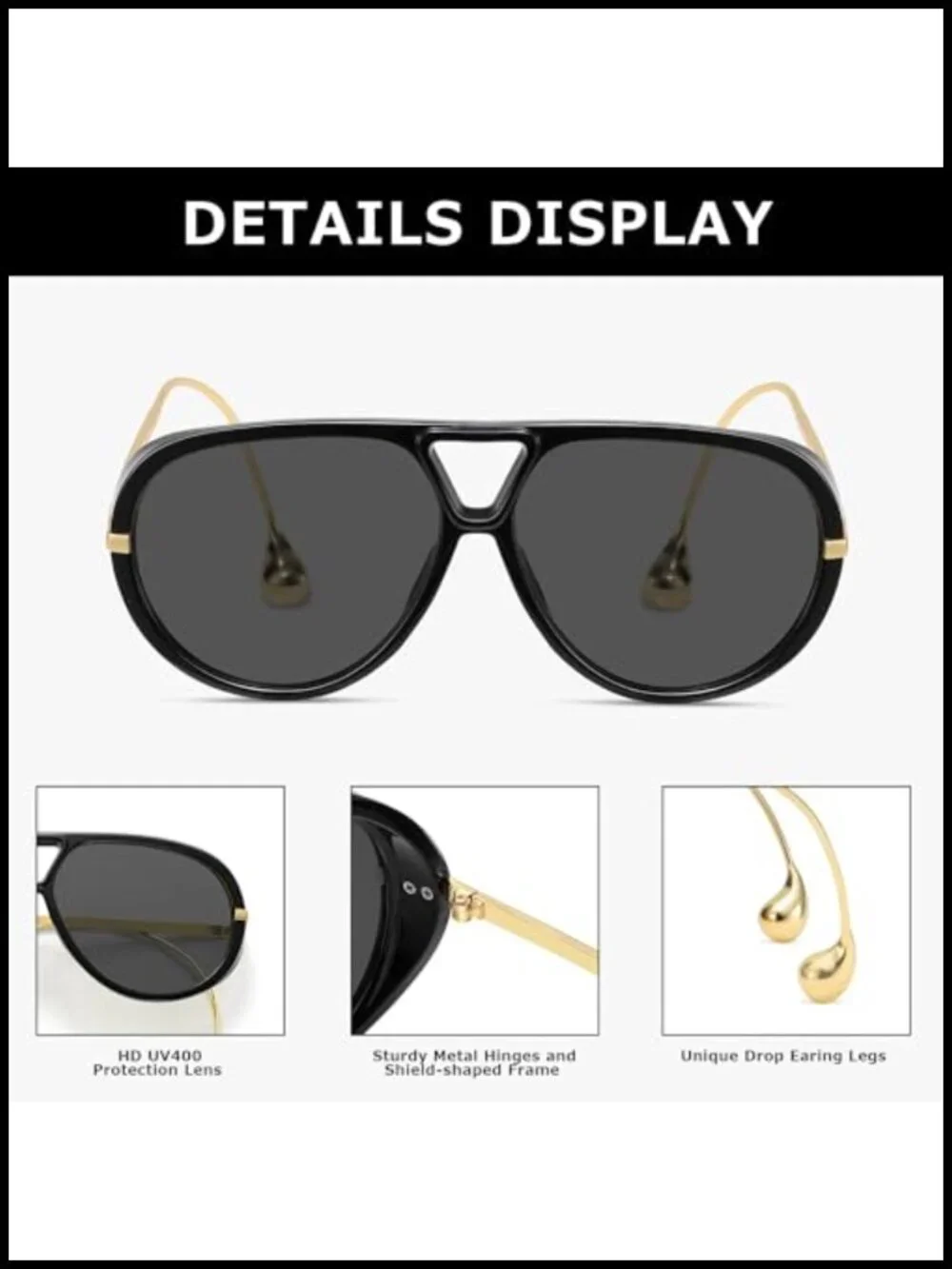 Oversized Aviator Sunglasses Double Bridge Metal Drop Earring Legs HD UV400